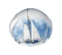 Blue Sailboat 1 Print Double Layer Waterproof Shower Cap Women Men Reusable Bath Hair Caps Elastic Band