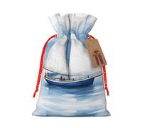 Blue Sailboat 1 Print Festive Red Drawstring Bag, Small Favors Pouch Ideal For Christmas Party Gifting-S Size