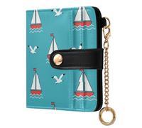 Blue Sailboats Seagull Print Small Women Wallet Leather RFID Blocking Bifold Compact Card Holder with Zipper Coin Pocket Purse for Girls Ladies Women