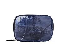 Blue Sailing Pirate Ghost Ship on High Seas in a Moonlight Night Pill Case with Removable Internal Plastic Boxes Organizer, Small Medicine Bag Holder Zippered Carrier for Travel Storage