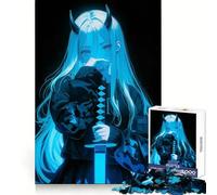 Blue Samurai Neon Anime Girl for Adults 1000 Piece Jigsaw Puzzle Logic Practice Peaceful Recreation Clean Edges Lovely Gift (50X75CM)