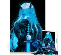 Blue Samurai Neon Anime Girl Jigsaw Puzzle for Adults 1000 Pieces Mental Exercise Cozy Pastime Snug Lock Festive Gift (38X52CM)