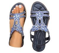 Blue Sandals For Women Ladies Sandals Size 5 Uk Flat Fashion Rhinestone Flat Roman Sandal With Ankle Straps Comfortable Soft Sole Lightweight Walking Sandal Slip Resistant Holidays Casual Shoes
