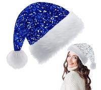 Blue Santa Christmas Hat 35*45cm for Adults, Kids - Shiny Sequin Xmas Plush Santa Claus Hat - Unisex Velvet Father Christmas Costume Cap for Holiday New Year Party Gift