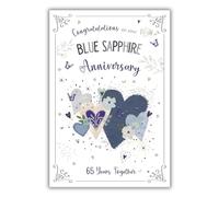 Blue Sapphire Anniversary Card - 65th - 65 Years Together - Floral Love Hearts and Butterflies - Special Finishes and Illustrated Insert Leaf - Made in the UK - Eco-Friendly