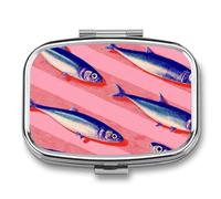 Blue Sardines on A Pink and Red Stripes Pill Box 2 Compartment Portable Medicine Pill Case Travel Pill Organizer for Pocket Purse