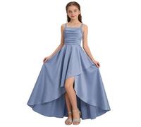 Blue Satin Flower Girl Dress Spaghetti Strap Junior Bridesmaid Wedding Dresses Elegant Formal High Low Maxi Dress A Line Long Birthday Party Dresses Special Occasions Prom Ball Gown 13-14 Years