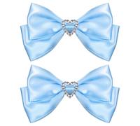 Blue Satin Hair Bow Clips, Christmas Valentine School Hairpins with Heart Rhinestones,Handmade Bowknot Hair Accessories for Kids Girls New Year Decor