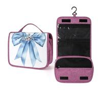 Blue Satin Holiday Bow with Pastel Pink Mistletoe Charm Travel Toiletry Bag for Women,Hanging Makeup Organizer with Hook for Shampoo