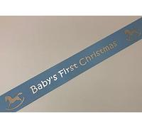 Blue Satin Ribbon with Silver Baby's First Christmas Print 25mm x 1m