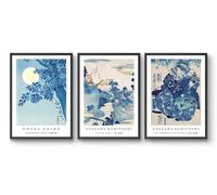 Blue Scenes Traditional Japanese Woodblock Wall Art Print Ukiyo E Floral and Geisha Decor Poster S - 3x A3 Canvas - Triptych mounted on pine frames readu to hang BensArt Triptych set 3 Three Stretche