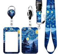 Blue School Work ID Holder Retractable Lanyard with Card Holder Heavy Duty Badge Holder Reel Clip Breakaway Starry Night Neck Lanyard for Keys ID Badge for Women Teens Teachers Nurses(Tree Mountain)
