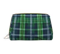 Blue Scottish Tartan Leather Hand-Held Zipper Makeup Bag Pen Case Stationery Box Lipstick Pouch Toiletry Bag