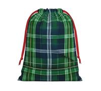 Blue Scottish Tartan Print Christmas Drawstring Gift Bags, Xmas Holiday Fabric Gift Wrapping Bag For Party, Size-L