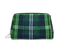 Blue Scottish Tartan Print Leather Portable Zipper Makeup Bag Toiletry Clutch Travel Cosmetic Pouch Unisex