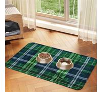 Blue Scottish Tartan Print Pet Food Mat Absorbent Non Slip PU Leather Feeding Mat for Dogs Cats Rubber Bottom