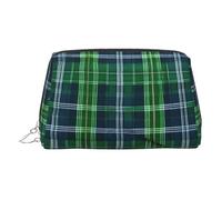 Blue Scottish Tartan Print Premium Leather Toiletry Travel Pouch with Waterproof Portable Pouch Open Flat Makeup Bag