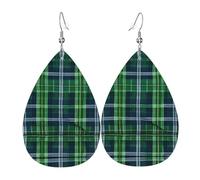 Blue Scottish Tartan Printed Teardrop Leather Earrings, Fashion Water Drop Dangle Accessory for Holiday Party