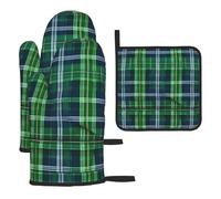 Blue Scottish Tartan Printing Oven Mitts And Pot Holders Sets 3pcs Glove High Heat Resistant Long Mitt For Kitchen