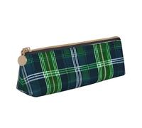 Blue Scottish Tartan Printing Triangular Leather Pencil Case with Zipper Pen Pouchfor Boys Girls Pupil for Work and School