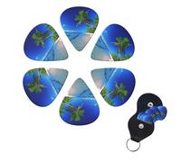 Blue Sea Coconut Tree Guitar Picks 6 Pack 3 Different Thickness Celluloid Guitar Plectrums with Guitar Pick Holder Personalized Guitar Pick for Acoustic Guitar, Electric Guitar, Bass