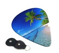 Blue Sea Coconut Tree Guitar Picks 6 Pack with Leather Guitar Pick Holder Keychain, Plectrum Key Fob Cases Bag, Abstract Art Plectrum for Acoustic Electric Guitar, Ukulele 0.96mm