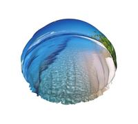 Blue Sea Coconut Tree Shower Cap for Women Men Large Reusable Shower Bonnet Double-Layer Waterproof Bath Caps Elastic Band Hair Hat for All Hairstyles, Travel-Friendly