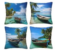 Blue Sea Cushion Covers 35 x 35 cm Pack of 4 Velvet Cushion Cover Soft Small Sofa Cushions 14 x 14 Inch Square Boat Throw Pillow Cases for Couch Chair Sofa Livingroom Bedroom Farmhouse Decor -LI247
