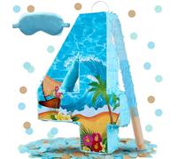 Blue Sea Number 4 Pinata, 16 Inch Hawaii Beach Theme Piñata for 4th Birthday Party Decorations with Stick, Blindfold and Confetti (Blue Sea 4 Pinata)