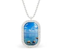 Blue Sea Ocean Women's Square White Diamond Necklace Adjustable Pendant Chain Gift for Mom