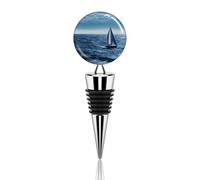 Blue Sea Sailboat Wine Bottle Stopper, Leak-Proof Zinc Alloy Beverage Stopper, Reusable Beverage Saver with Airtight Seal, Decorative Gift for Men/Dad, Fits Champagne & Standard Bottles