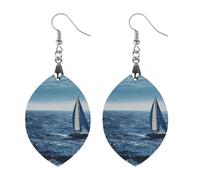 Blue Sea Sailboat Wooden Earrings for Women, Vintage Elegant Wood Jewelry, Lightweight Earrings for Wedding, Party, Everyday Jewelry Gift, Apricot shaped, Wood, wood