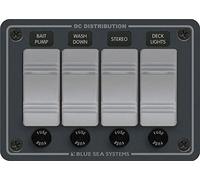 BLUE SEA SYSTEMS BS-8262 / Waterproof Switch Panel, MFG# 8262, Consists of four illuminated Contura switches with front-mounted fuse holders for AGC glass fuses (not included). 12 or 24 Volt DC. Horizontal orientation. 5.25"W x 3.75"H. Dark grey