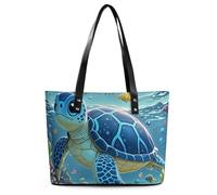 Blue Sea Turtle in Ocean Leather Tote Bag for Women Work Shoulder Purses with Zipper Waterproof Large Computer Shoulder Bag Fashion Ladies Shoulder Handbag Reusable Shopping Bags