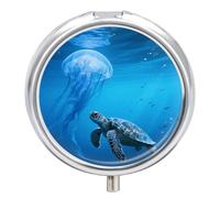 Blue Sea Turtle Pill Box 3-Compartment Travel Pill Organizer Portable Round Medicine Case with Mirror Design for Vitamins, Jewelry & Essentials Durable Pocket Pillbox for Purse, Camping