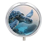Blue Sea Turtle Pill Case with Retro Mirror 3 Compartments Pill Organizer Small Round Metal Pill Organizer for Fish Oil Pills or Vitamins Supplements for