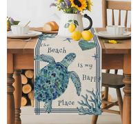 Blue Sea Turtle Shells on Vintage Table Runner 72 Inches Long,Table Runners Kitchen Dining Tables Decoration for Home Party Decor, Happy Place Quote Tables Runner Wedding Dresser Scarf