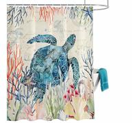 Blue Sea Turtle Shower Curtain for Bathroom, Watercolor Rustic Red Blue Corals Green Seaweed Linen Texture Waterproof Cloth Fabric Bathroom Accessories Set with 12 Rust Proof Plastic Hooks, 36” x 72”