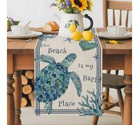 Blue Sea Turtle Table Runner 13x48 Inches Long Beach Happy Place Seashell Starfish Linen Texture Cotton Linen Table Runner Burlap Style for Dinner Table Party Decor Tabletop Decorations