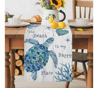 Blue Sea Turtle Table Runner 13x90 Inches Long Beach Happy Place Seashell Starfish Retro Wood Grain Cotton Linen Table Runner Burlap Style for Dinner Table Party Decor Tabletop Decorations