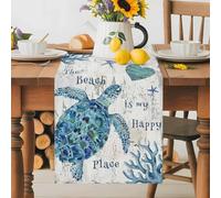 Blue Sea Turtle Table Runner 16x72 Inches Long Beach Happy Place Seashell Starfish Mottled Wall Texture Cotton Linen Table Runner Burlap Style for Dinner Table Party Decor Tabletop Decorations