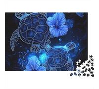 Blue Sea Turtles 1000 Pieces Jigsaw Puzzle Colourful Blue Flowers Black Background Wall Decor Educational Game 52x38cm/1000pcs