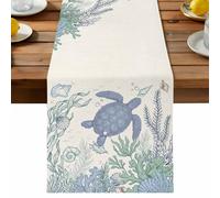 Blue Sea Turtles Table Runner, Shell Coral Vintage Ocean Life Summer Cotton and Table Linen Runner for Kitchen Dining Home Decor for Party Festival Holiday Decoration Gift 14x72in