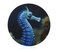 Blue Seahorse Cutting Board for Kitchen Mini Cheese Chopping Board Round Tempered Glass Chopping Block for Picnic Cutting Pizza Meat Fruit(7.9 Inch)