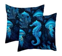 Blue Seahorse Jellyfish Corals 2 Pack Square Throw Pillow Covers Decorative Soft Velvet Pillowcase for Couch Sofa Bed Car Living Room, 40x40cm