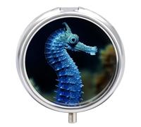 Blue Seahorse Pill Box Medicine Pill Organizer 3 Compartment Daily Pill Case Small Pill Container Round Pill Holder Travel Pill Box Metal Pill Case for Purse Pocket