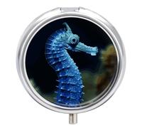 Blue Seahorse Pill Box Round Portable Small Pill Case Waterproof Travel Pill Box Organizer for Pocket Purse and Daily Convenience