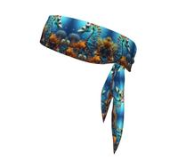 Blue Seahorse Printed Sports Headband, Double-Sided with Ties, Versatile for Jogging, Cycling, or Exercising.