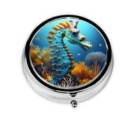 Blue Seahorse Round mini Pill Box, Lightweight and Portable, with 3 Plastic Inserts, Suitable for Carrying in Pockets or Wallets.