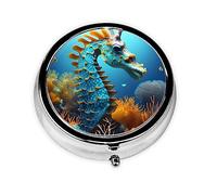 Blue Seahorse Round Pill Box. Portable Daily Medication Organizer, Travel-Friendly Design.